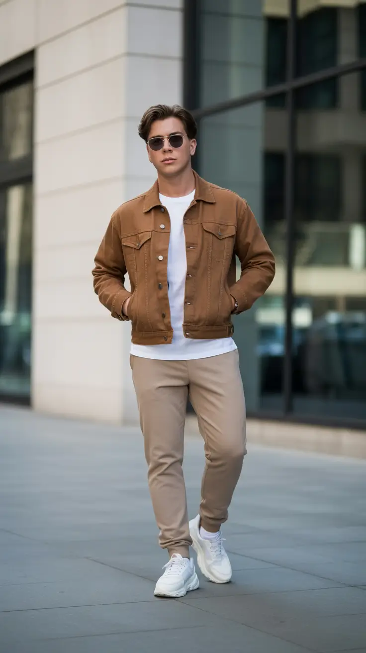 Modern outfits for men 2026 - Sand Denim Jacket And Clean Sneakers