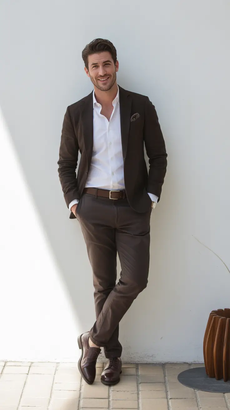 Modern outfits for men 2026 - Chocolate Suit With Open Collar Ease