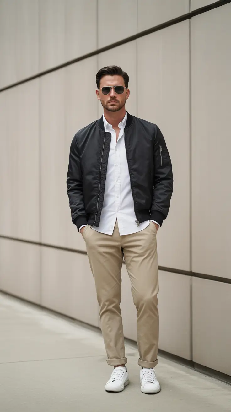 Modern outfits for men 2026 - Black Bomber, Clean Shirt, Tan Chinos
