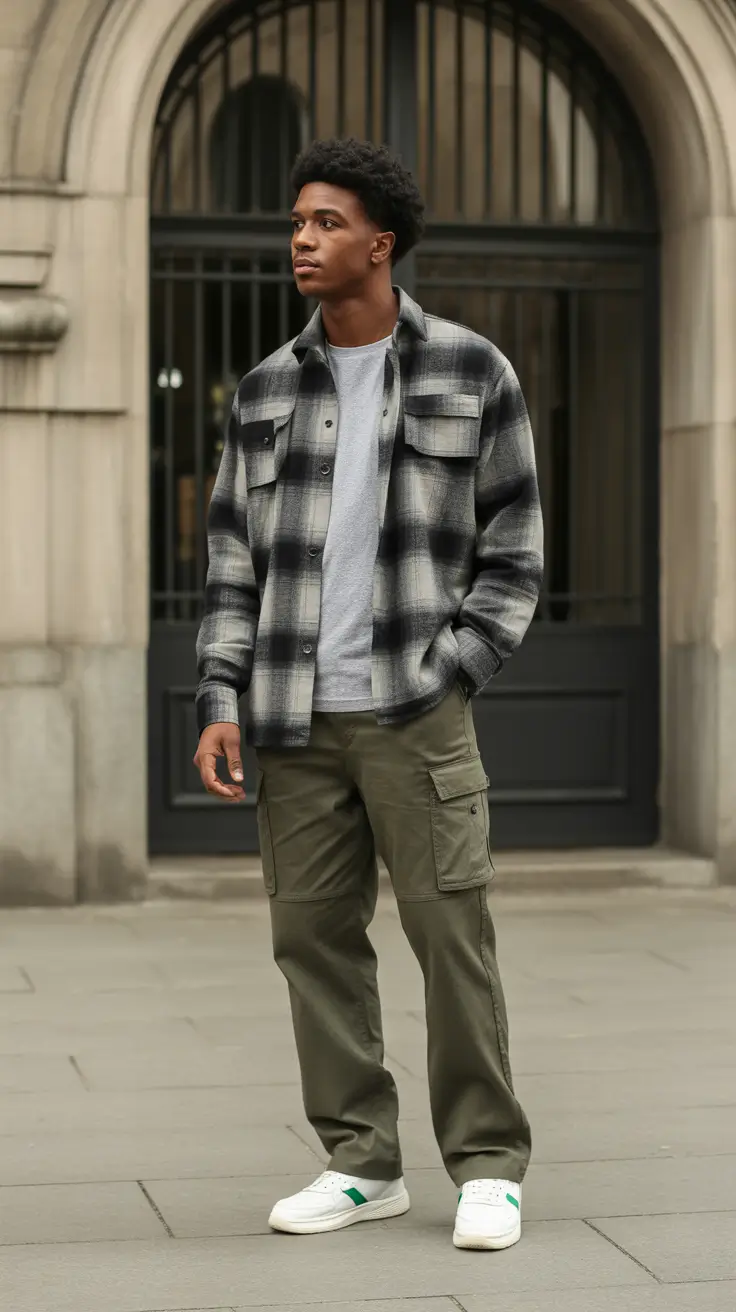 Modern outfits for men 2026 - Plaid Overshirt And Cargo Ease
