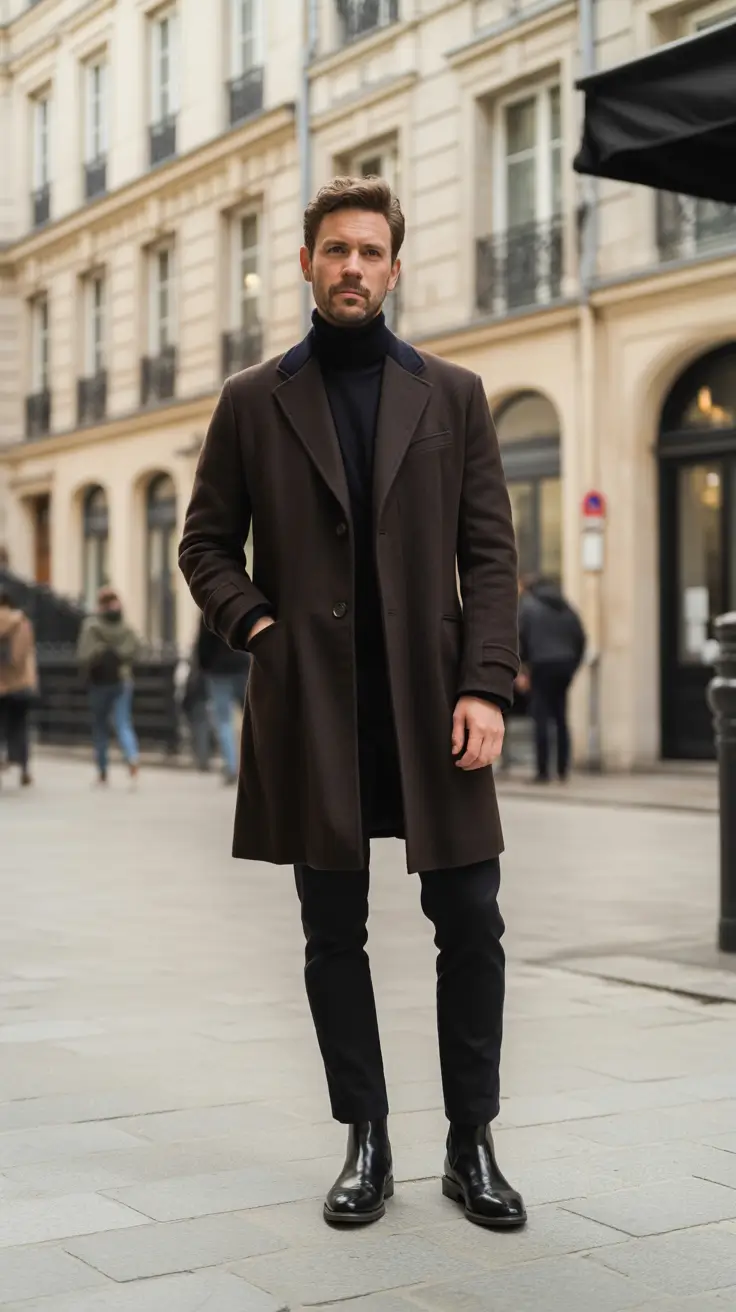 Modern outfits for men 2026 - Charcoal Overcoat With Midnight Layers