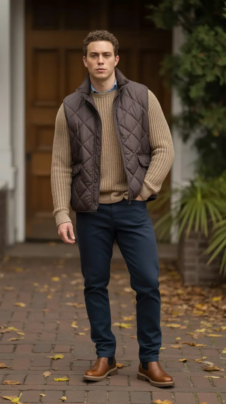 Modern outfits for men 2026 - Quilted Vest And Rugged Knit Weekend