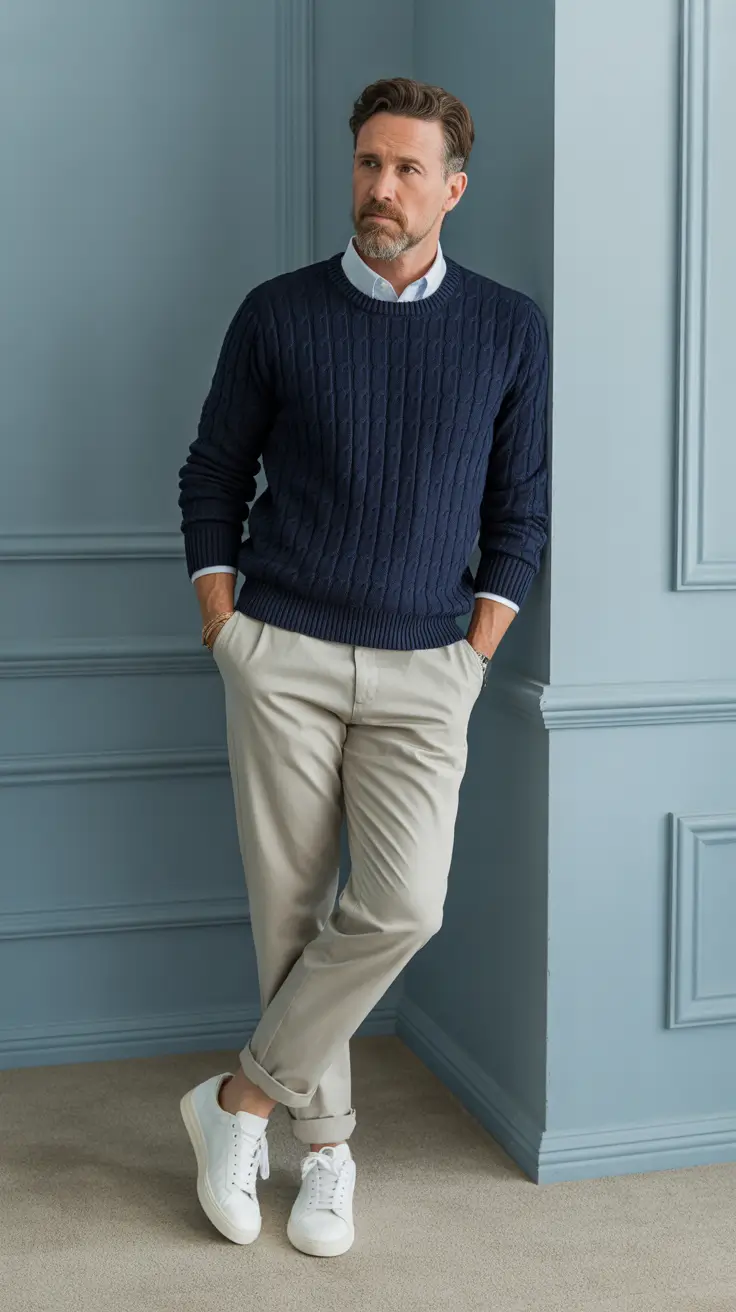 Casual Outfits For Men Over 50 In 2026 - Navy Knit And Sneakers Smart Summer Look
