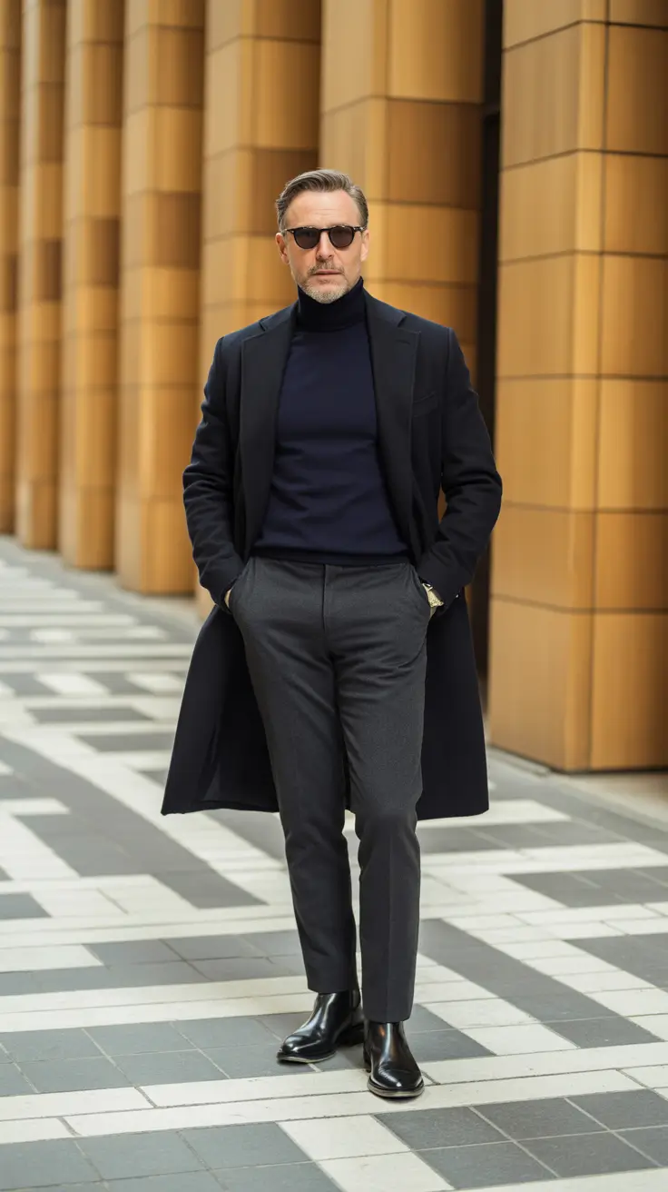 Casual outfits for men over 50 in 2026 - Monochrome Turtleneck Power Look
