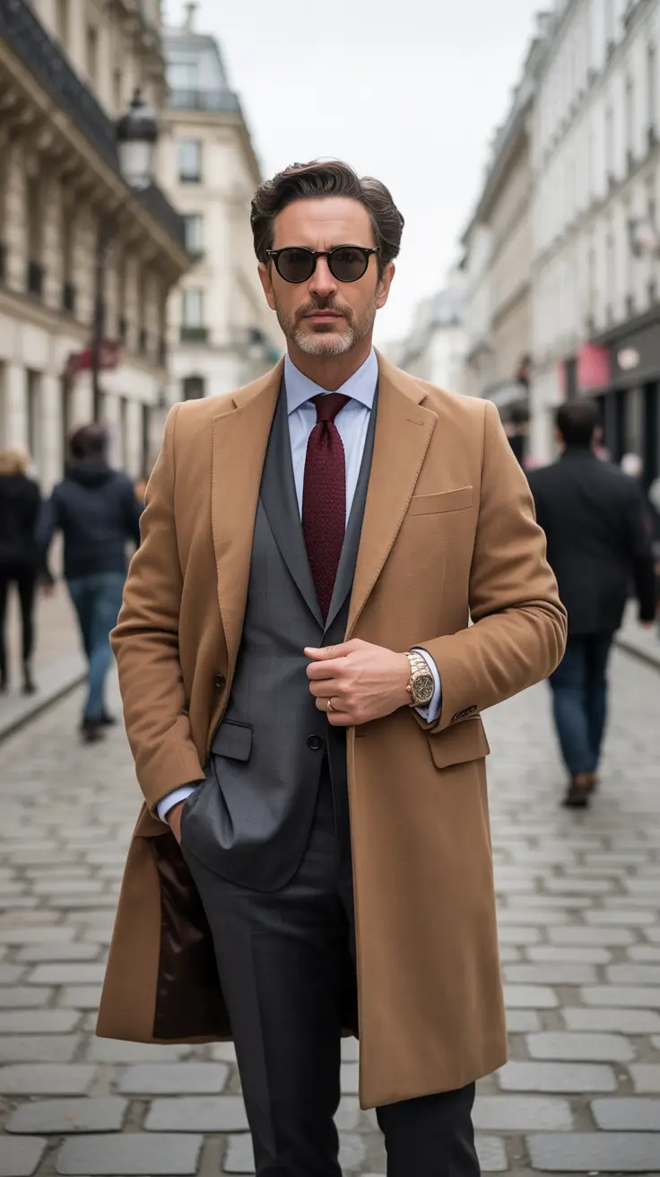 Casual outfits for men over 50 in 2026 - Camel Coat Over Tailored Suit For Dressy Casual Moments