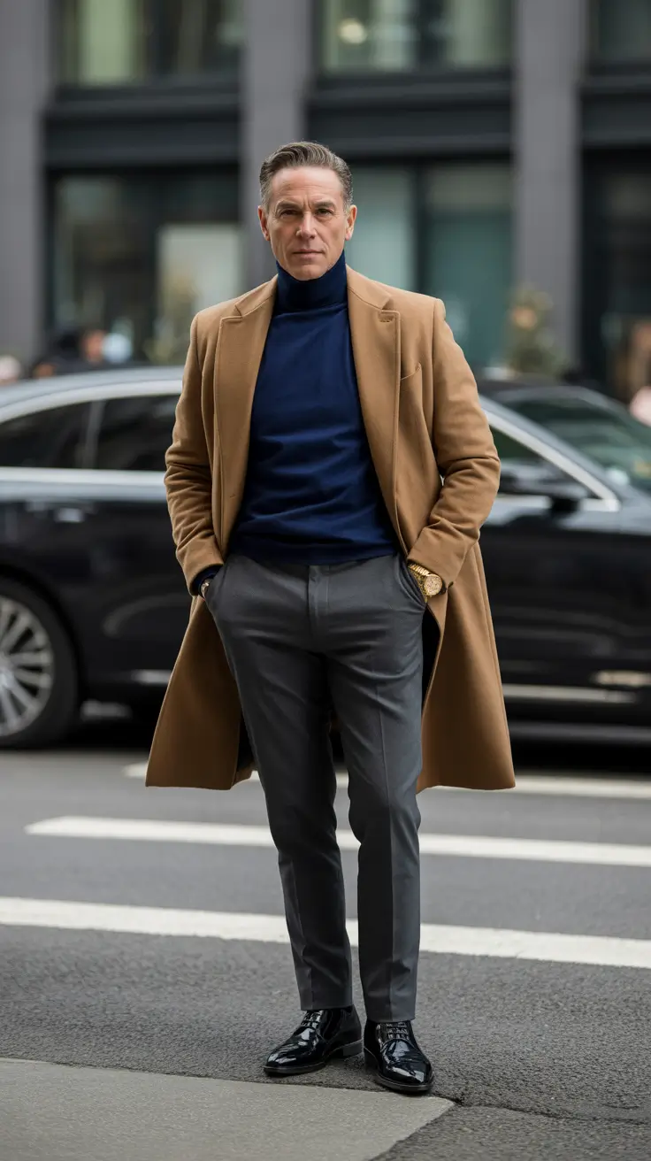Casual outfits for men over 50 in 2026 - Camel Coat And Navy Knit For Classy Winter Casual