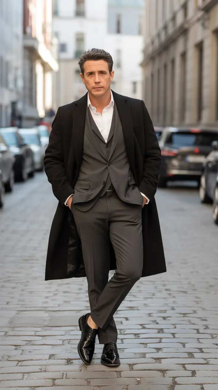 Casual outfits for men over 50 in 2026 - Relaxed Three Piece With Long Coat For Street Style Confidence