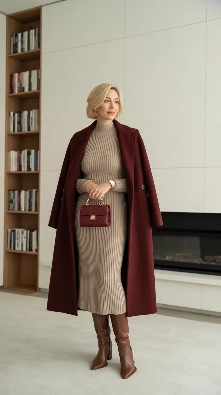 Casual outfits for women over 40 in 2026 - Wine Coat Over Ribbed Sweater Dress
