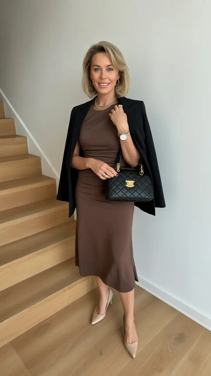 Casual outfits for women over 40 in 2026 - Chocolate Midi Dress With Black Blazer Poise