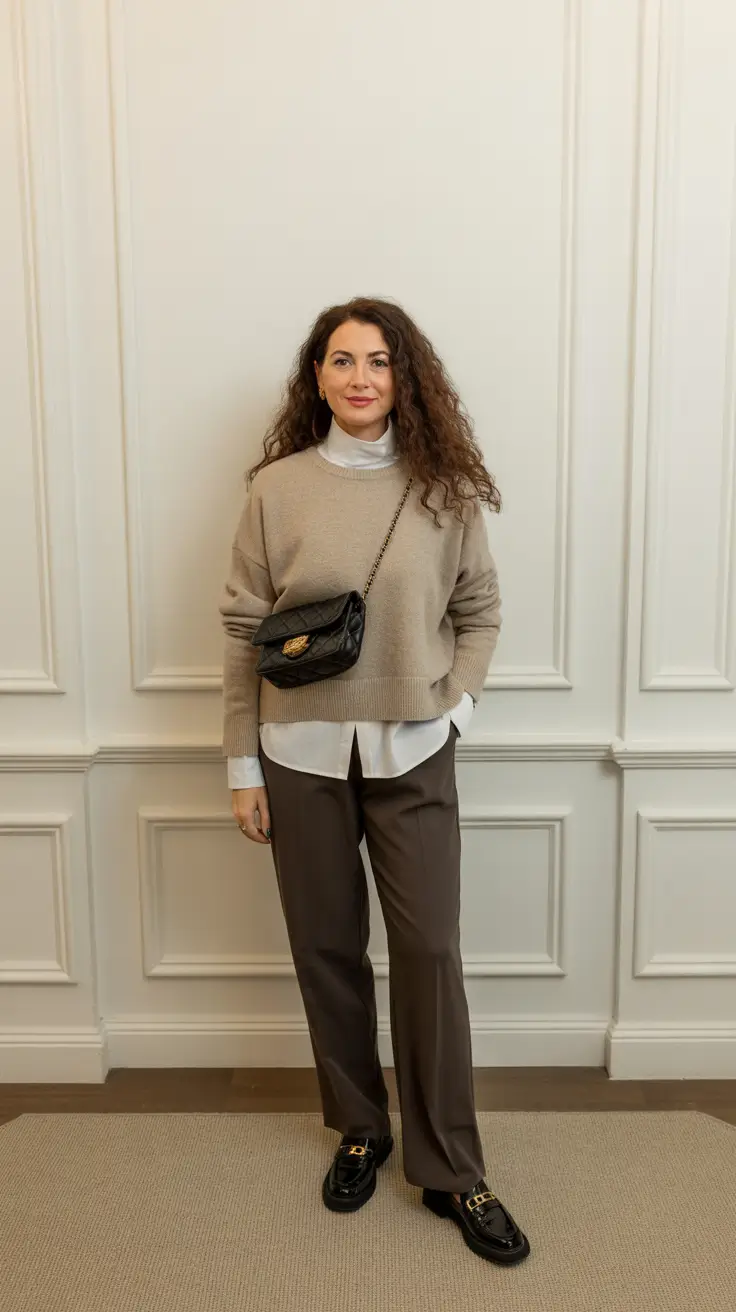 Casual outfits for women over 40 in 2026 - Beige Knit Over Crisp Shirt, Loafers, And Ease