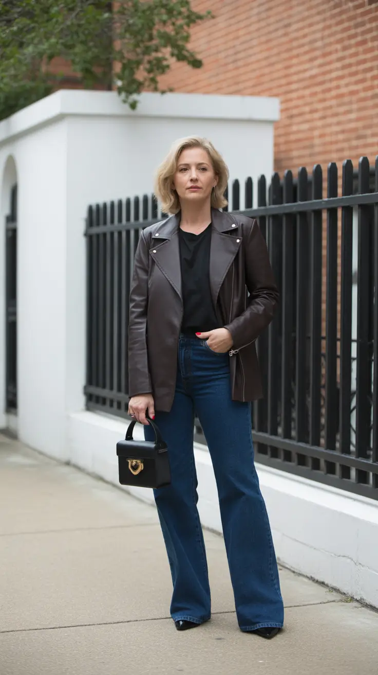 Casual outfits for women over 40 in 2026 - Leather Jacket, Dark Flares, And A Petite Top-Handle