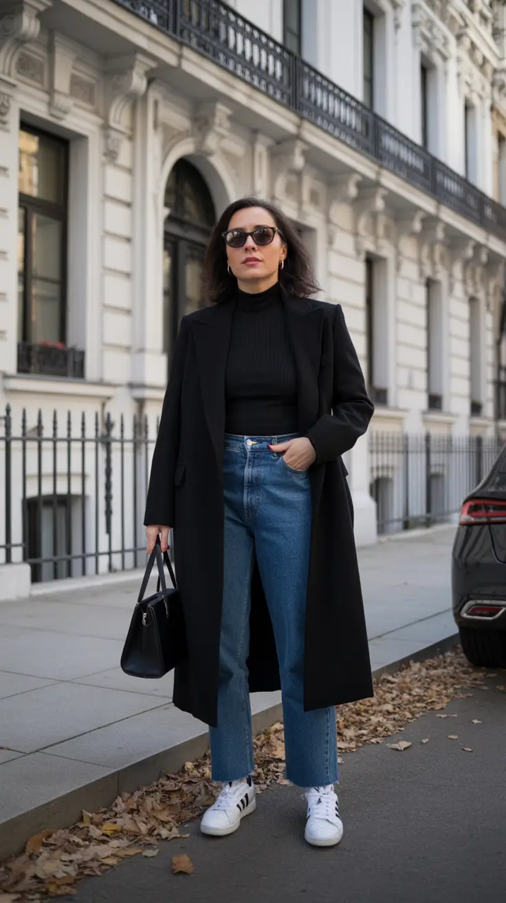 Casual outfits for women over 40 in 2026 - Long Black Coat, Ribbed Knit, Vintage Sneakers