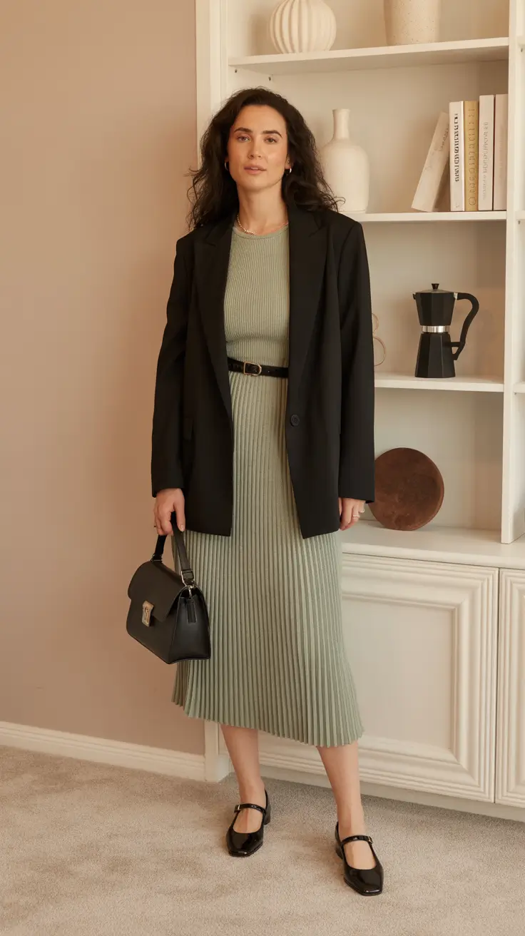 Casual outfits for women over 40 in 2026 - Sage Rib Dress With Oversized Blazer