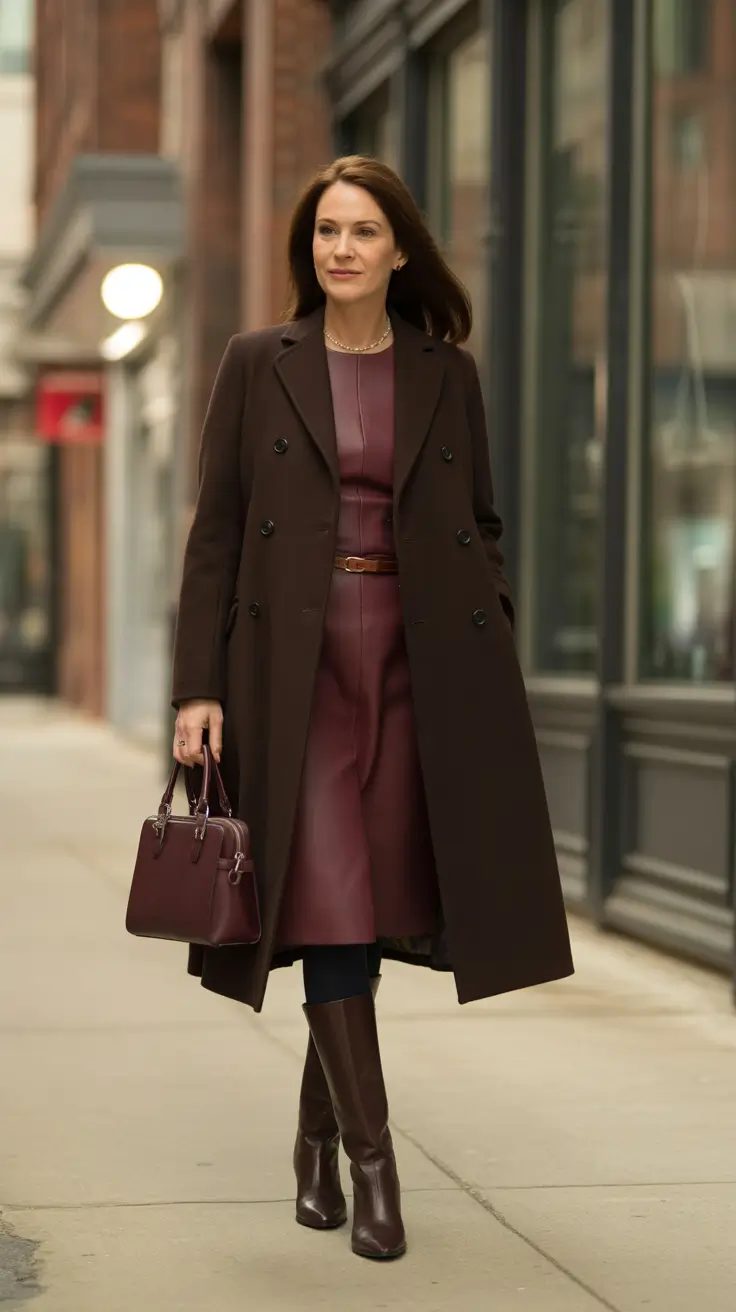 Casual outfits for women over 40 in 2026 - Monochrome Wine Leather With Long Coat