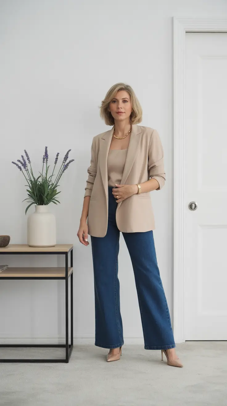 Casual outfits for women over 40 in 2026 - Neutral Blazer With Wide-Leg Denim