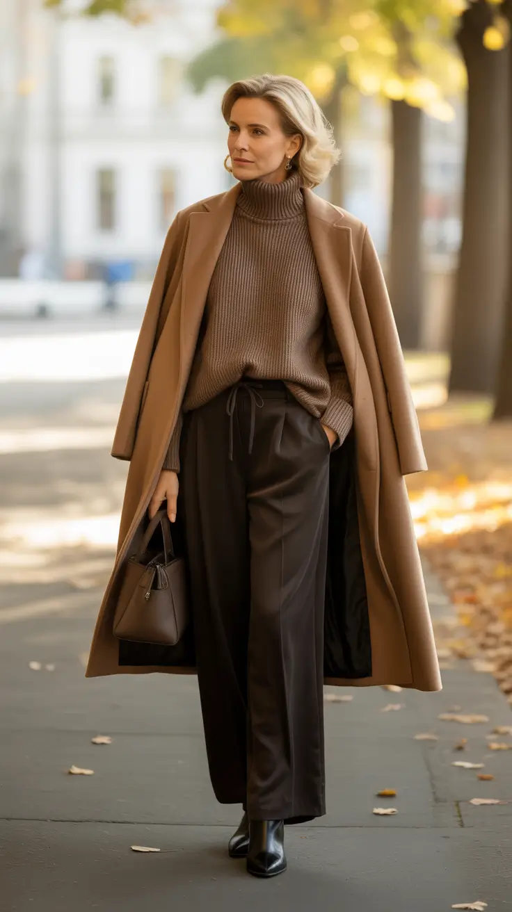 Casual outfits for women over 40 in 2026 - Camel Coat And Relaxed Turtleneck