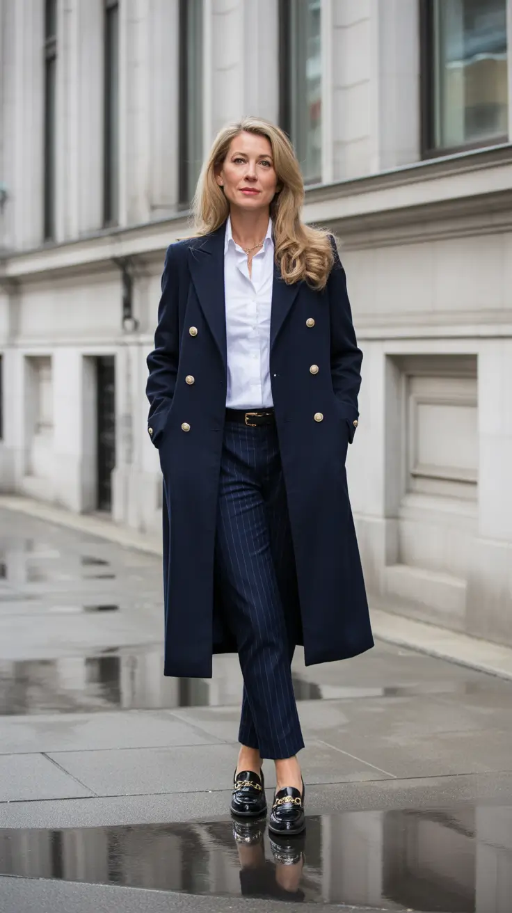 Casual outfits for women over 40 in 2026 - Navy Coat And Pinstripe Trousers