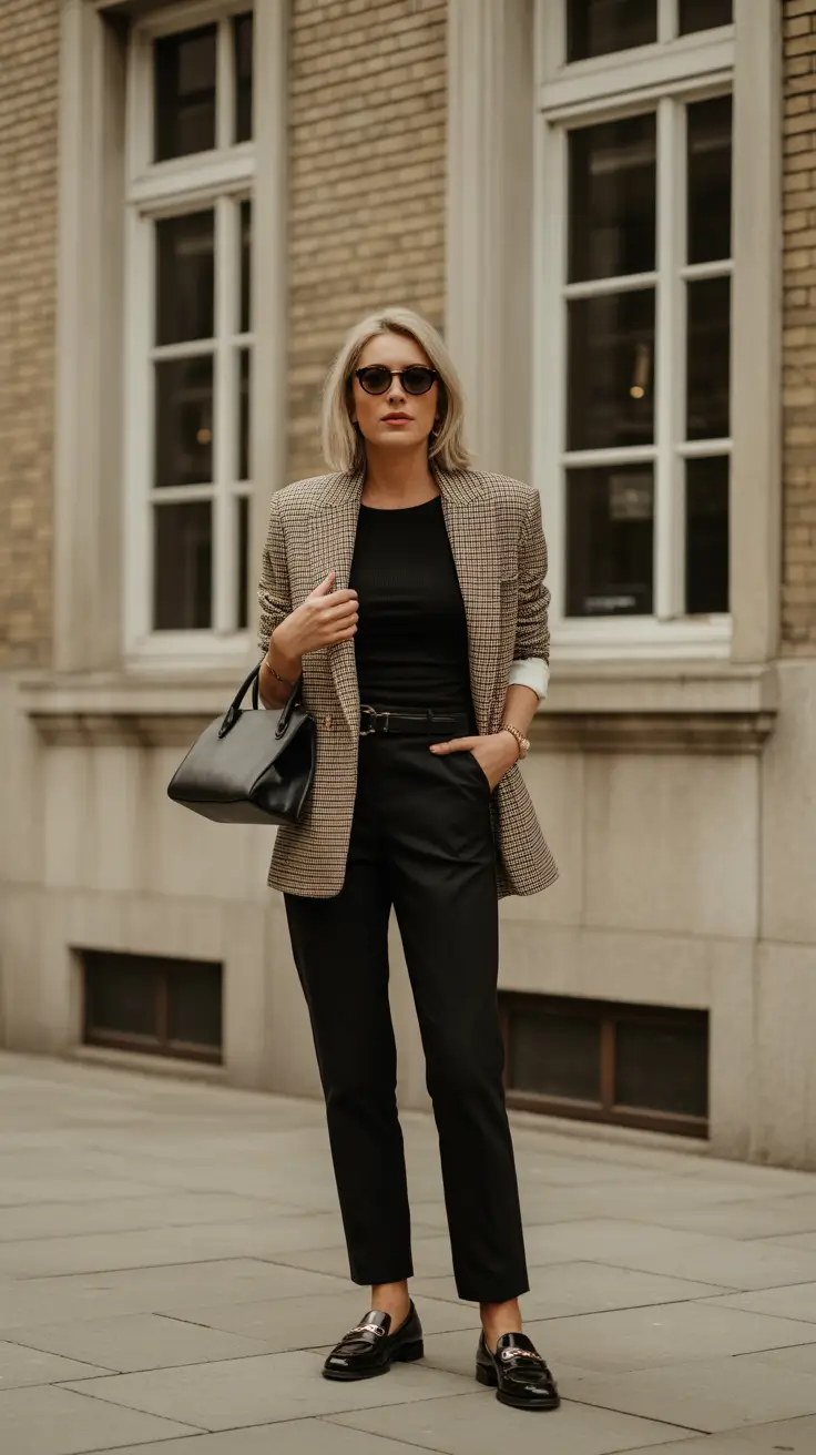 Casual outfits for women over 40 in 2026 - Checked Blazer With Sleek Loafers