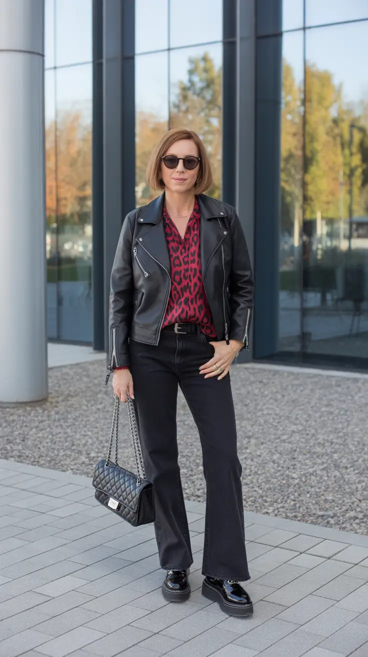 Casual outfits for women over 40 in 2026 - Black Moto, Animal Print, And Glossy Loafers