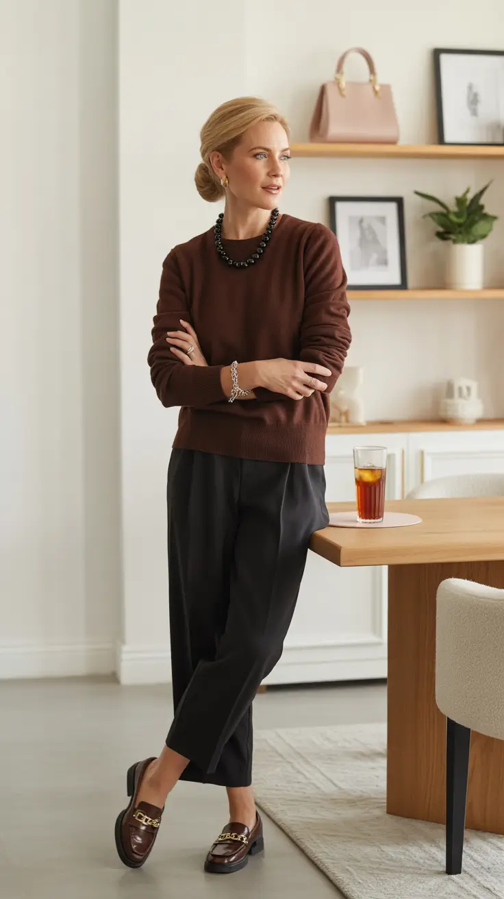 Casual outfits for women over 40 in 2026 - Chocolate Sweater With Tailored Trousers