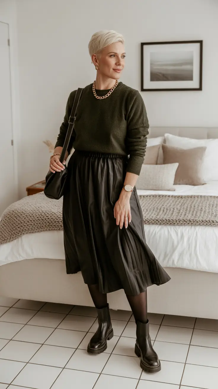 Casual outfits for women over 40 in 2026 - Forest Knit And Midi Skirt With Chelsea Boots