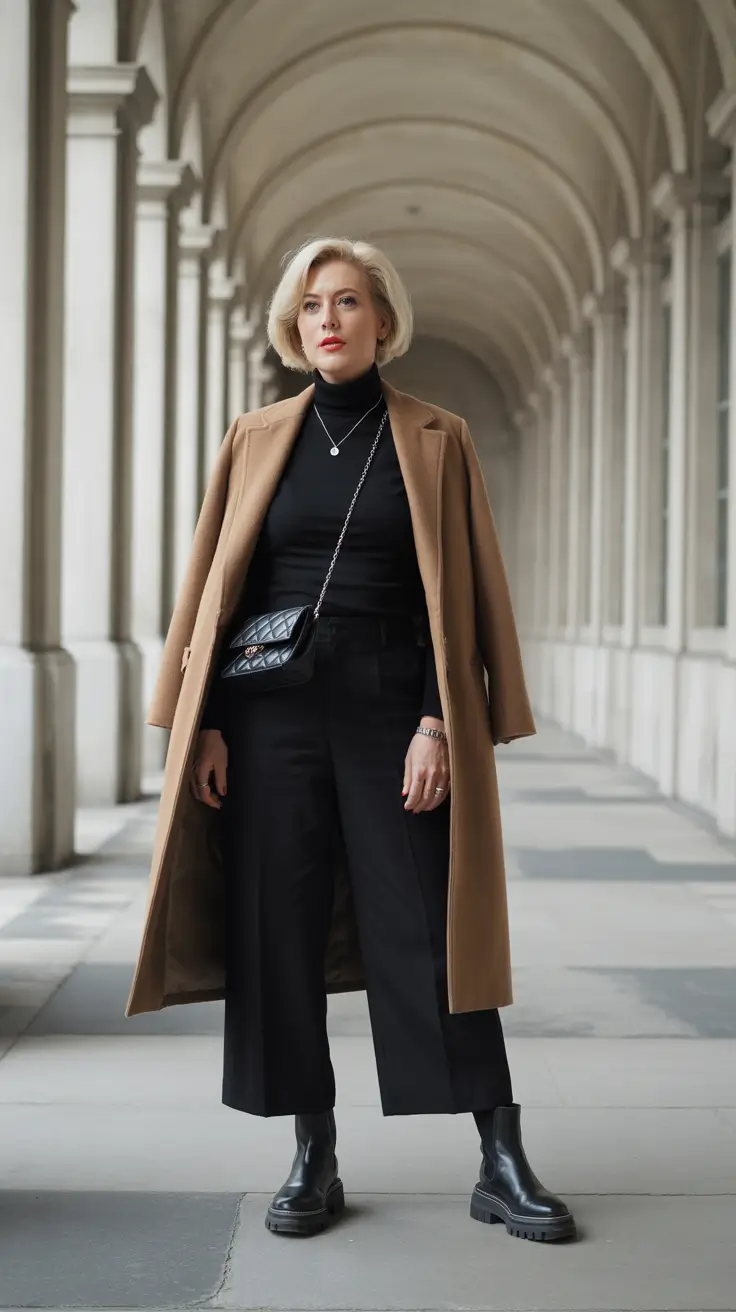 Casual outfits for women over 40 in 2026 - Black Turtleneck And Camel Coat, City-Ready