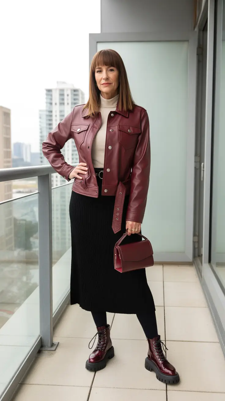 Casual outfits for women over 40 in 2026 - Burgundy Moto And Ribbed Knit Skirt