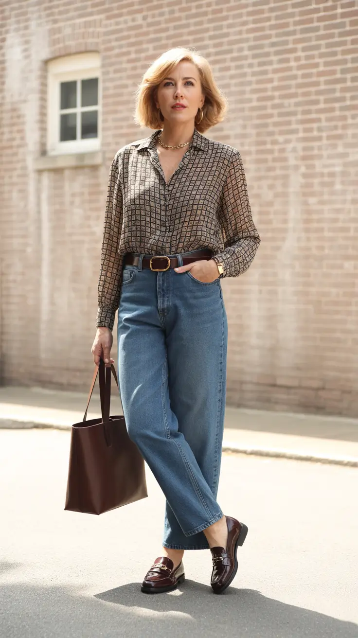 trendy outfits for women over 50 - Smart Blouse And Relaxed Jeans