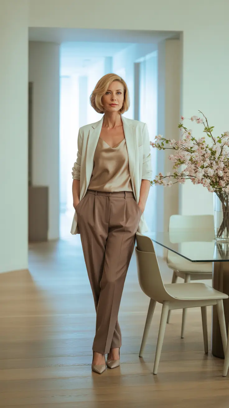 Trendy outfits for women over 50 in 2026 - Ivory Blazer With Satin Cami And Taupe Trousers