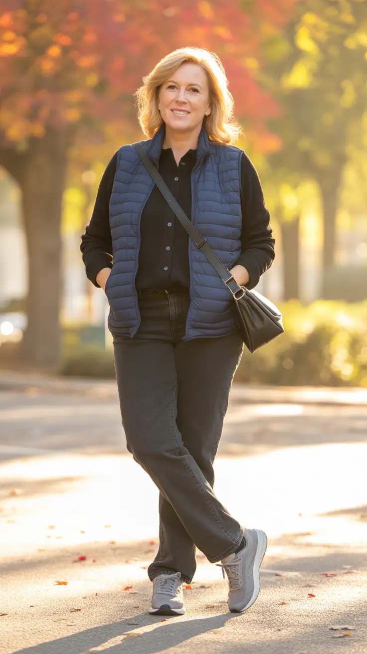 trendy outfits for women over 50 - Puffer Vest With Walk-Ready Sneakers