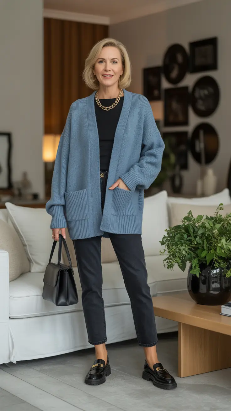 Trendy outfits for women over 50 in 2026 - Blue Cardigan, Black Base, Gold Chain