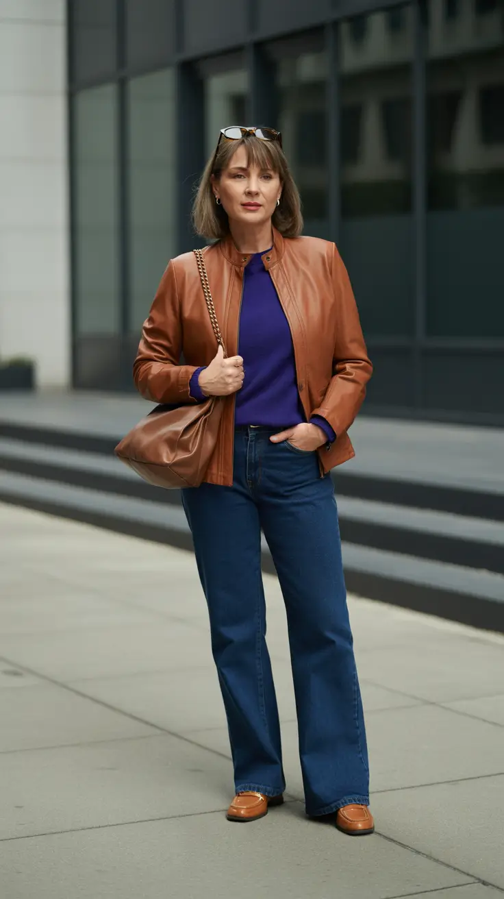 Trendy outfits for women over 50 in 2026 - Cognac Leather Jacket With Cobalt Knit