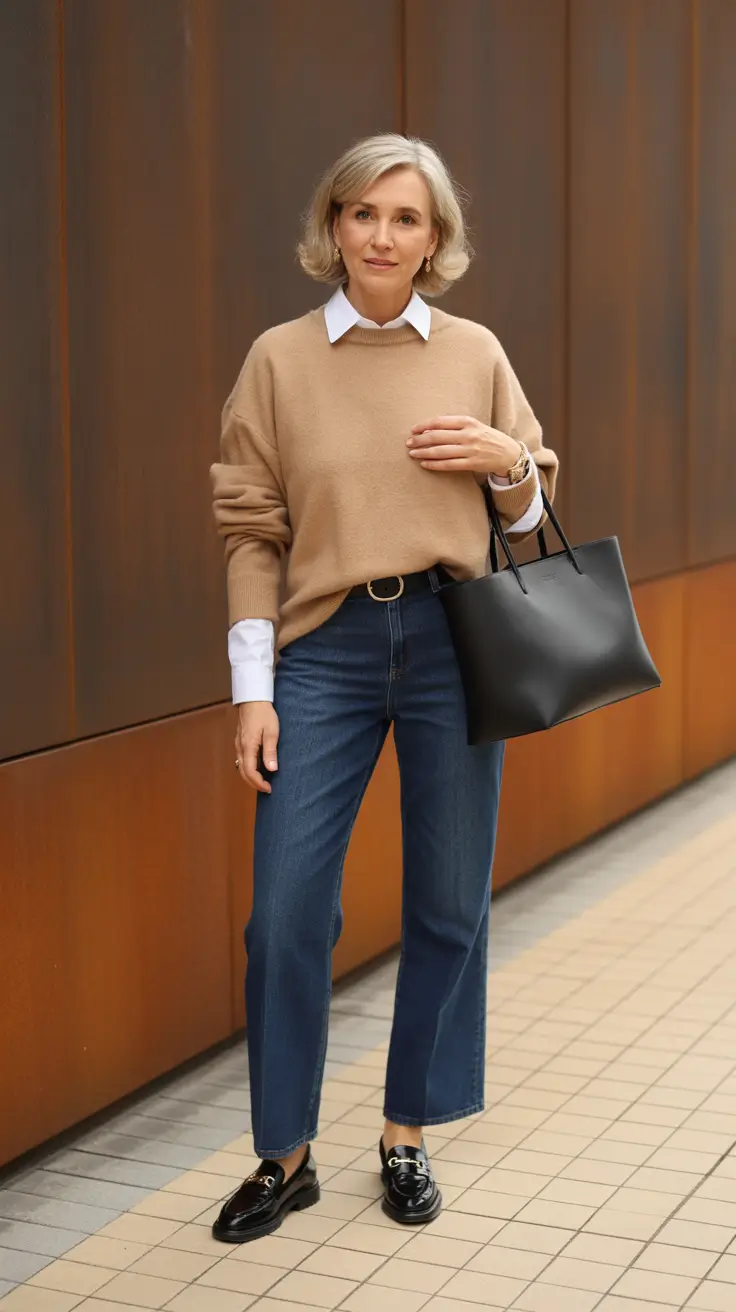 trendy outfits for women over 50 - Camel Knit Over Crisp Shirt