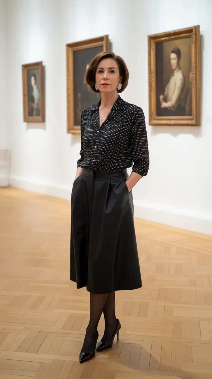 Trendy outfits for women over 50 in 2026 - Black Midi Skirt And Dotted Silk