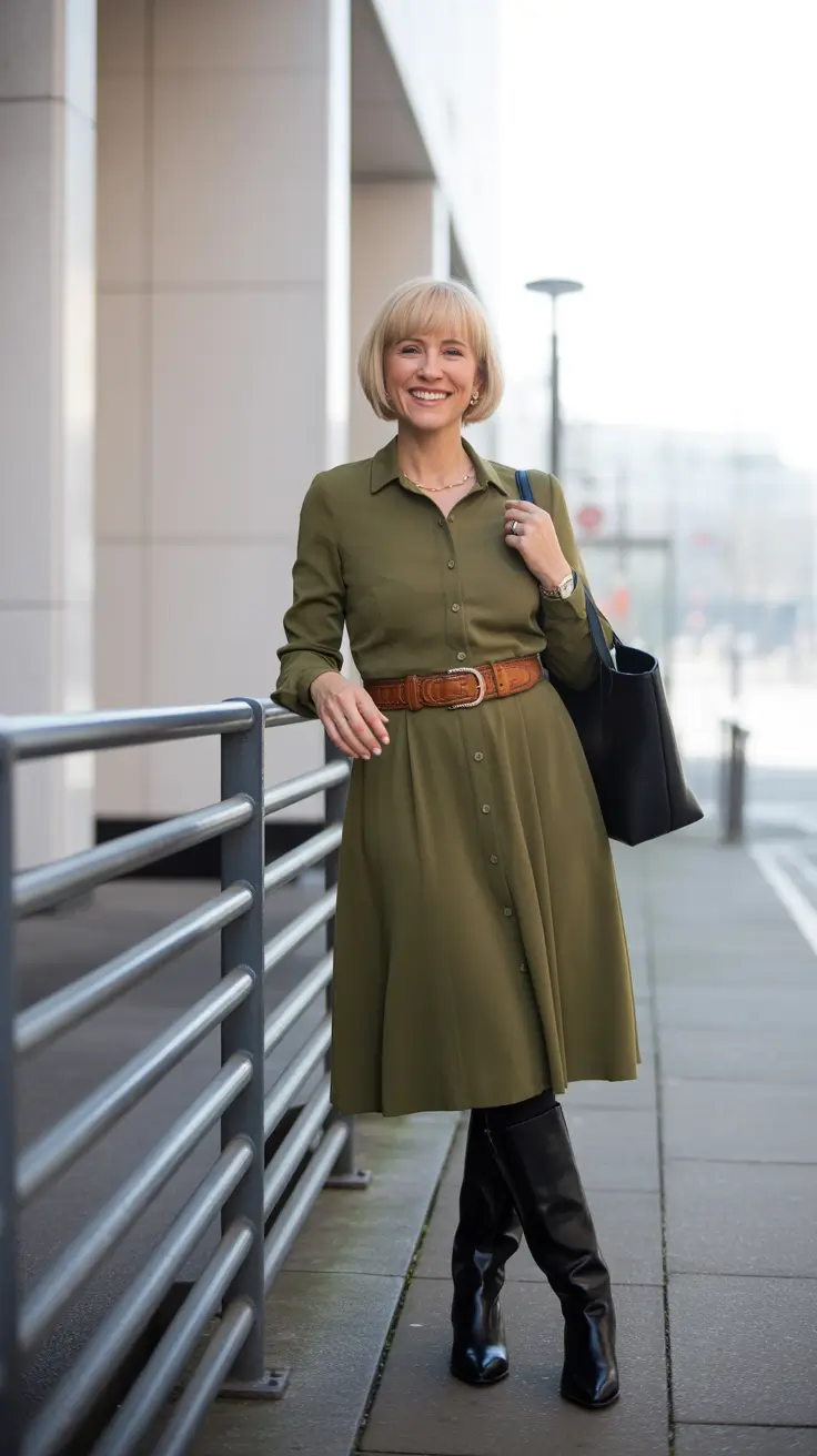 Trendy outfits for women over 50 in 2026 - Olive Shirtdress With Tall Boots