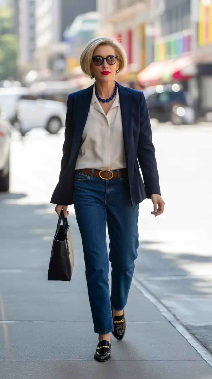 trendy outfits for women over 50 - Navy Blazer With Silk Blouse