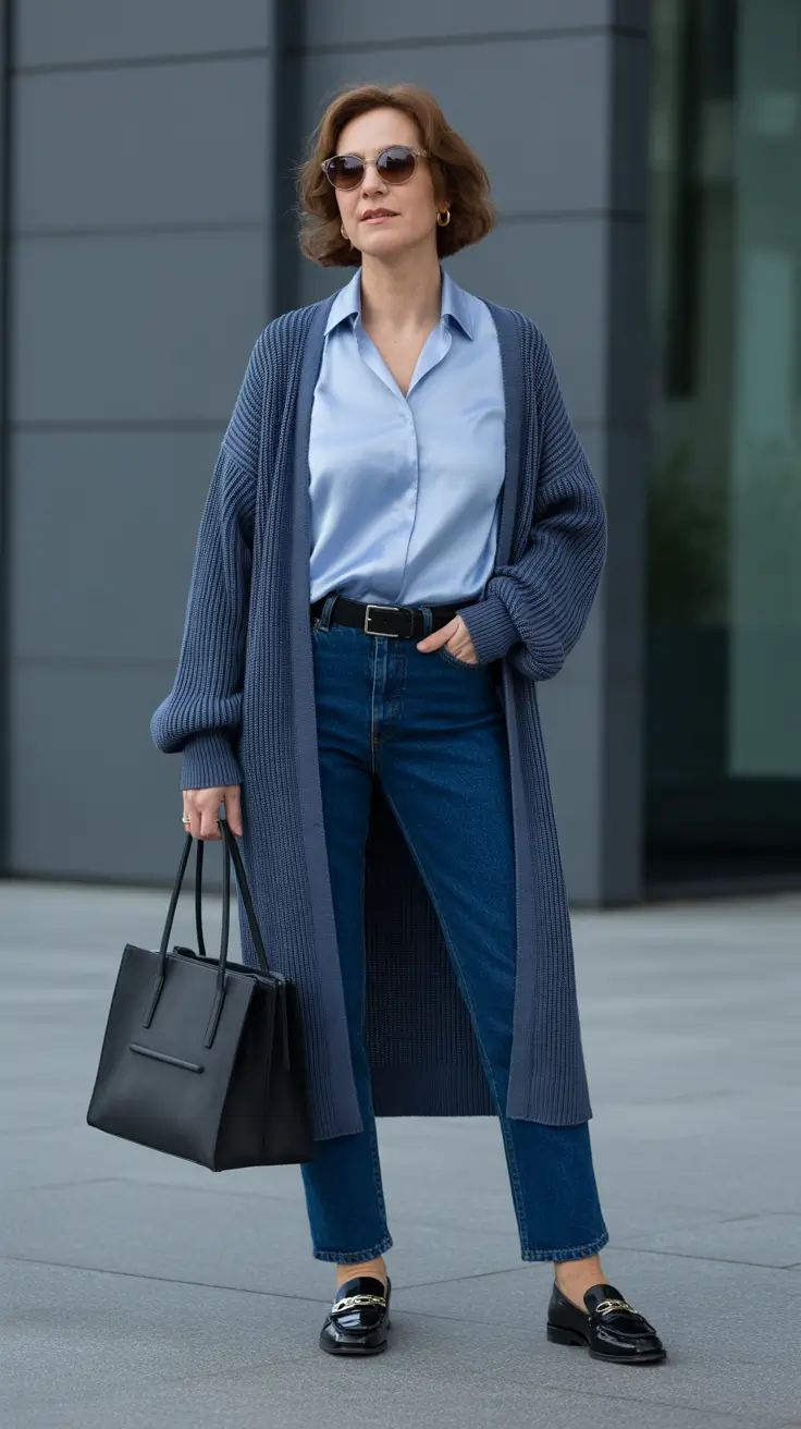 trendy outfits for women over 50 - Long Duster And Tonal Blues