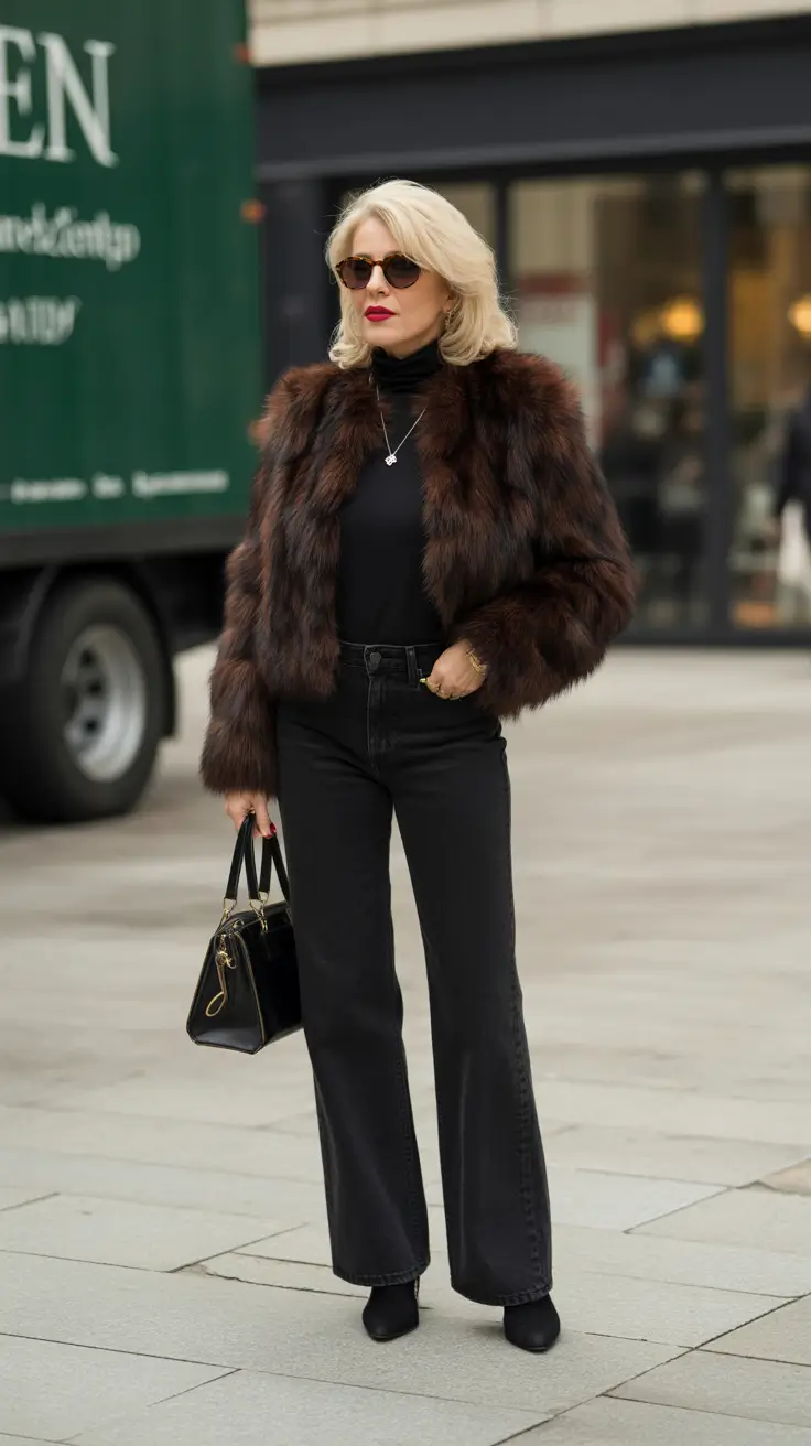 Trendy outfits for women over 50 in 2026 - Chocolate Faux Fur And Ink Denim