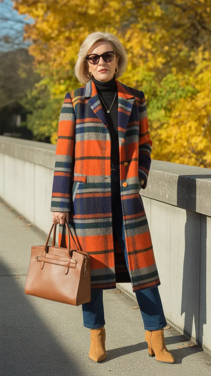Trendy outfits for women over 50 in 2026 - Statement Plaid Coat With Cropped Denim And Camel Boots
