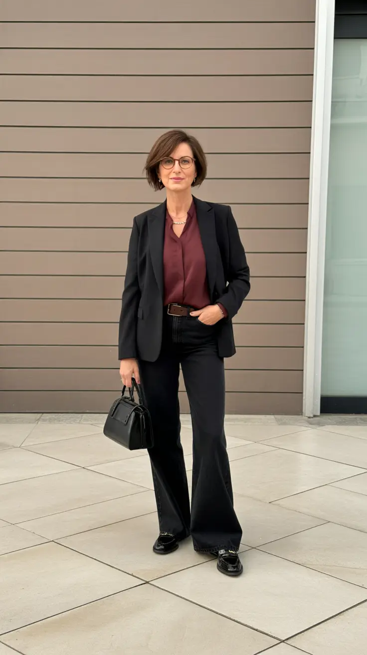 Trendy outfits for women over 50 in 2026 - Soft Power Suiting With Burgundy Silk And Loafers