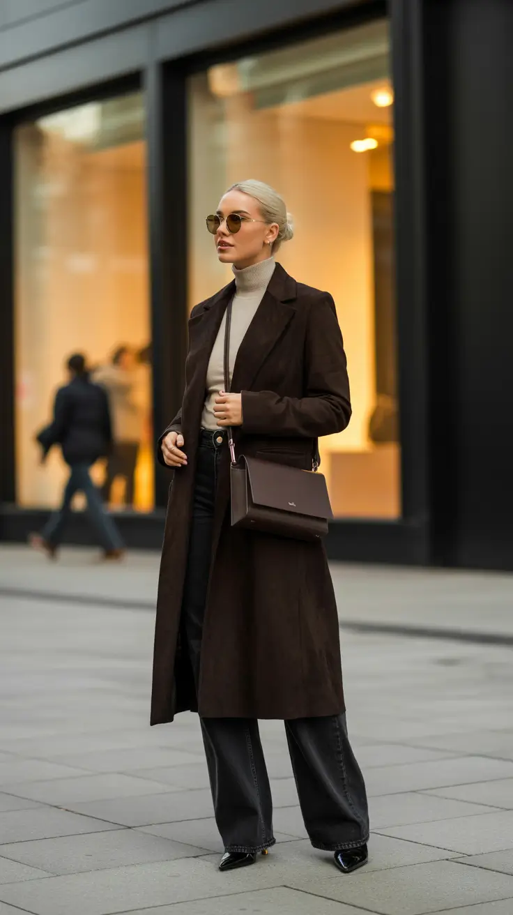 outfits ideas 2026 - Cocoa Coat + Stone Turtleneck - Quiet Luxury on the Move