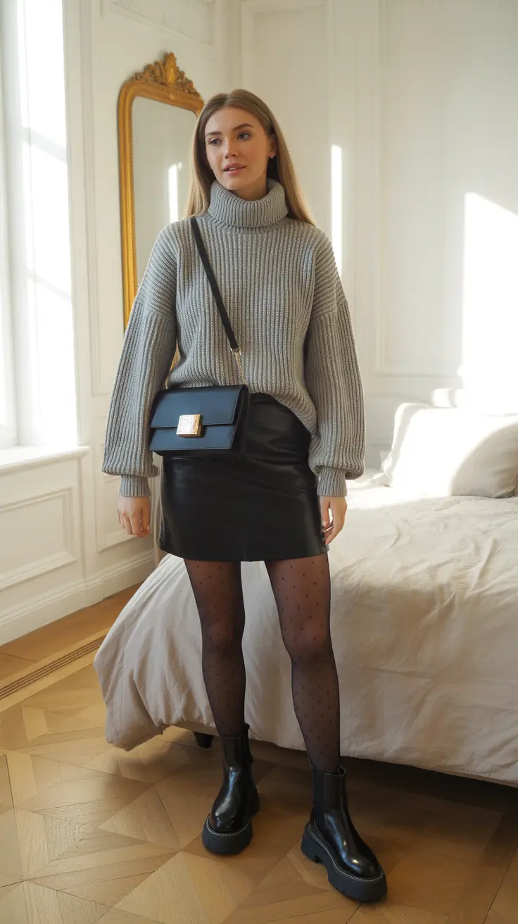 outfits ideas 2026 - Cozy Knit + Leather Mini - Polished Edge for Chilly Days