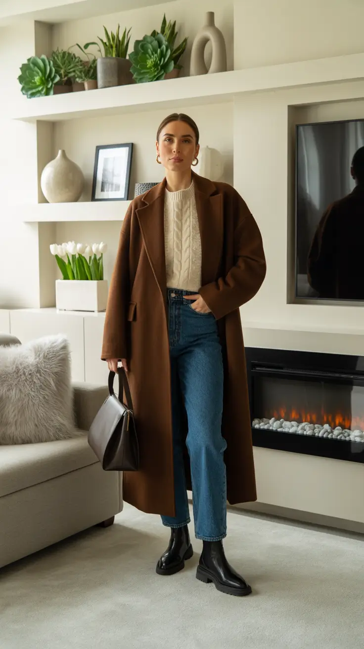 outfits ideas 2026 - Chocolate Coat + Cable Knit - Luxe Everyday Uniform