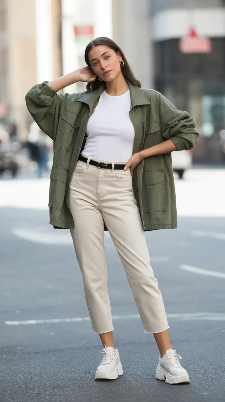 outfits ideas 2026 - Oversized Utility Jacket + Ecru Denim - Sporty Minimal with a Twist