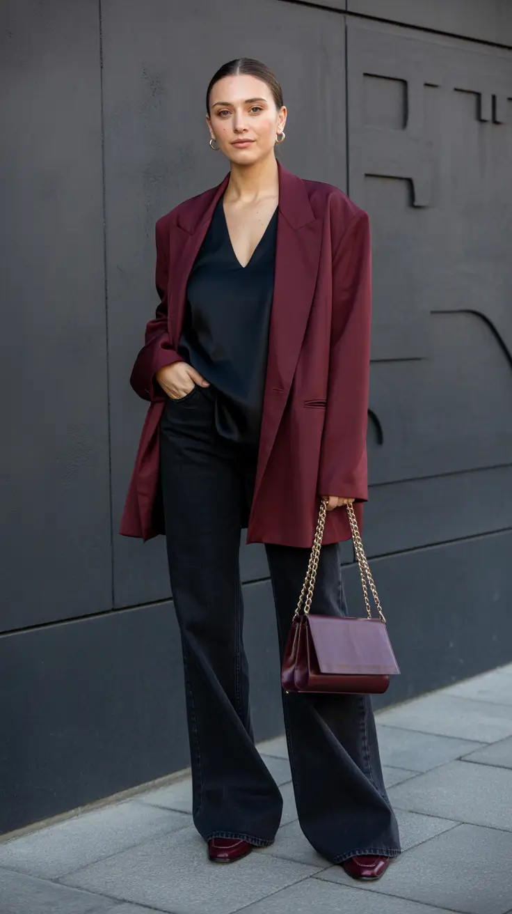 outfits ideas 2026 - Burgundy Blazer + Satin Camisole - Modern Night-Out Tailoring