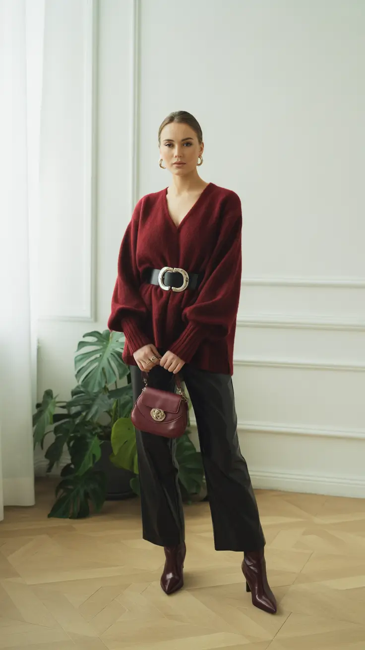 Stylish outfit ideas 2026 - Belted Burgundy Knit With Sleek Leather Notes