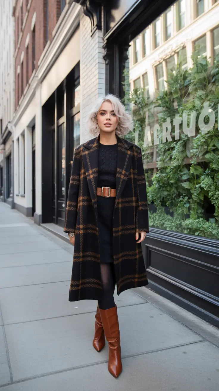 outfits ideas 2026 - Plaid Statement Coat + Belted Knit - City-Ready Autumn Uniform