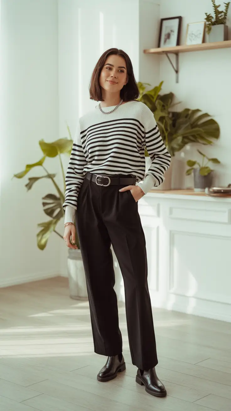 Stylish outfit ideas 2026 - Breton Stripes With Tailored Trousers And Boots