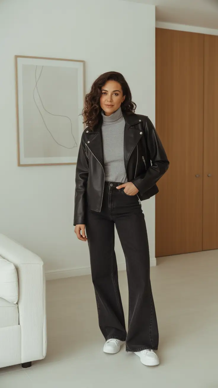 outfits ideas 2026 - Moto Jacket + Gray Turtleneck - Off-Duty with Edge