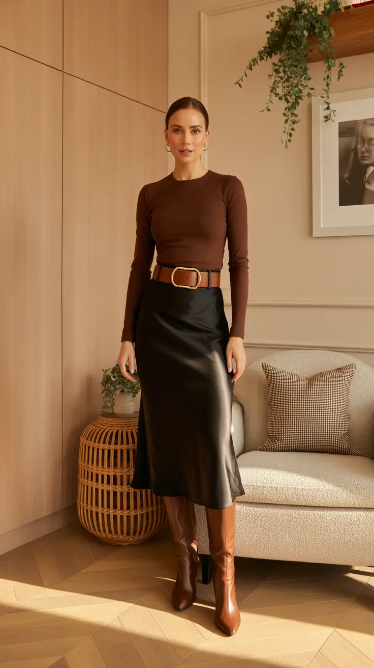 outfits ideas 2026 - Satin Slip Midi + Tall Boots - Night-Out Minimalism